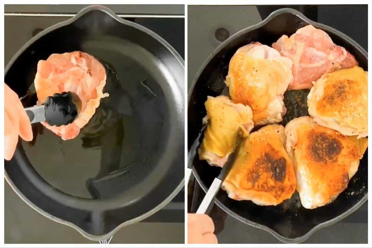 photo collage to show how to brown chicken thighs