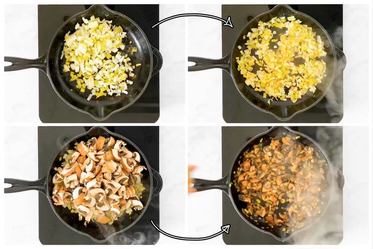 photo collage to show how to sauté leeks, onions and mushrooms