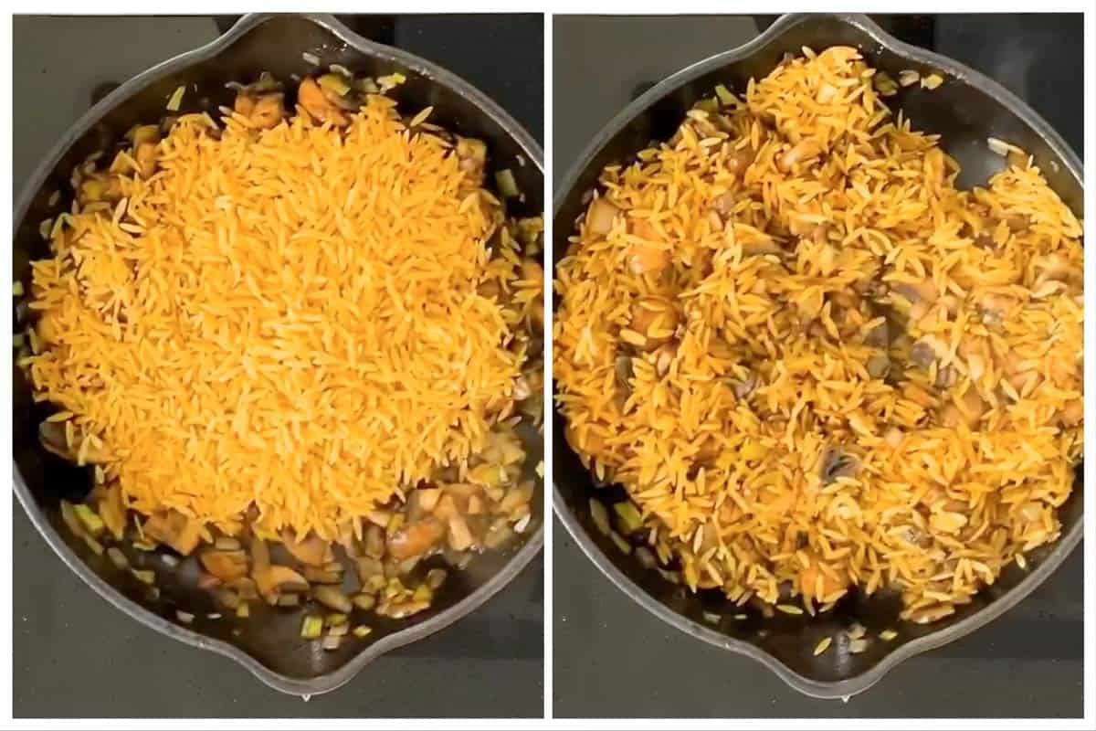 photo collage to show how to stir orzo into vegetables in skillet