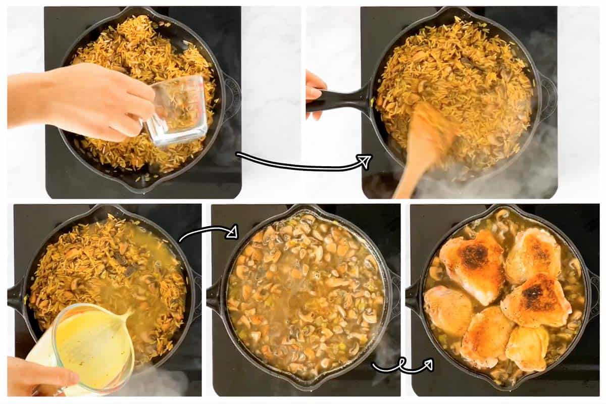 photo collage to show how to assemble chicken and mushroom orzo skillet 