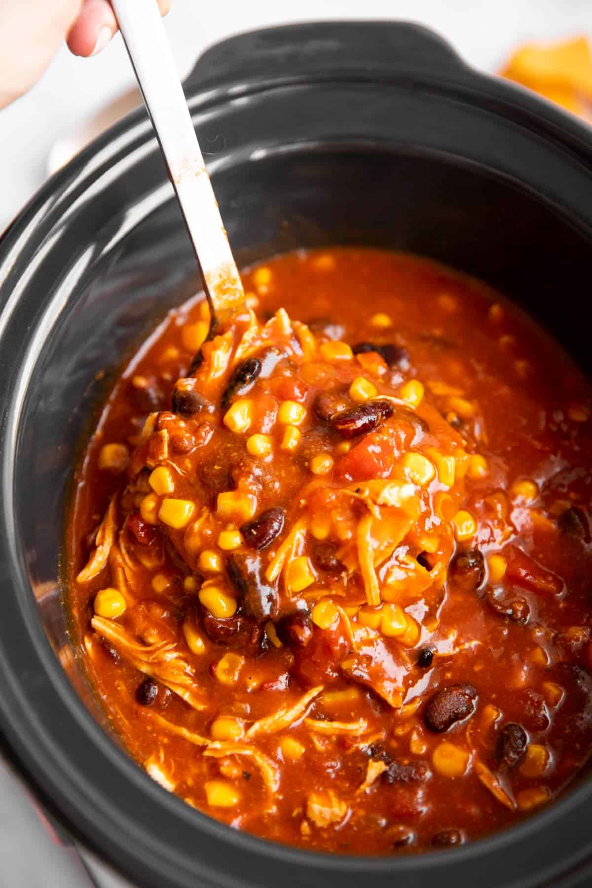 close up of ladle with chicken taco soup