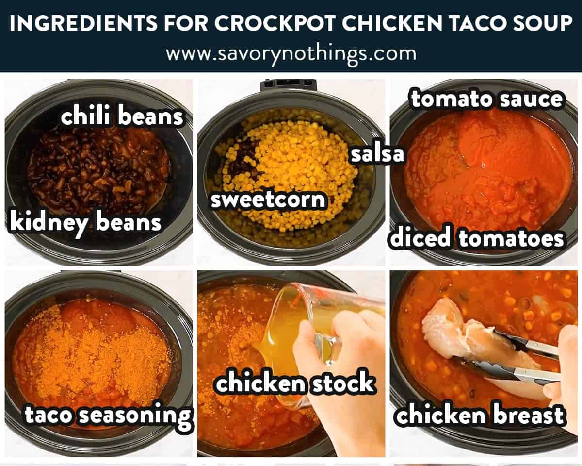 ingredients for crockpot chicken taco soup with text labels