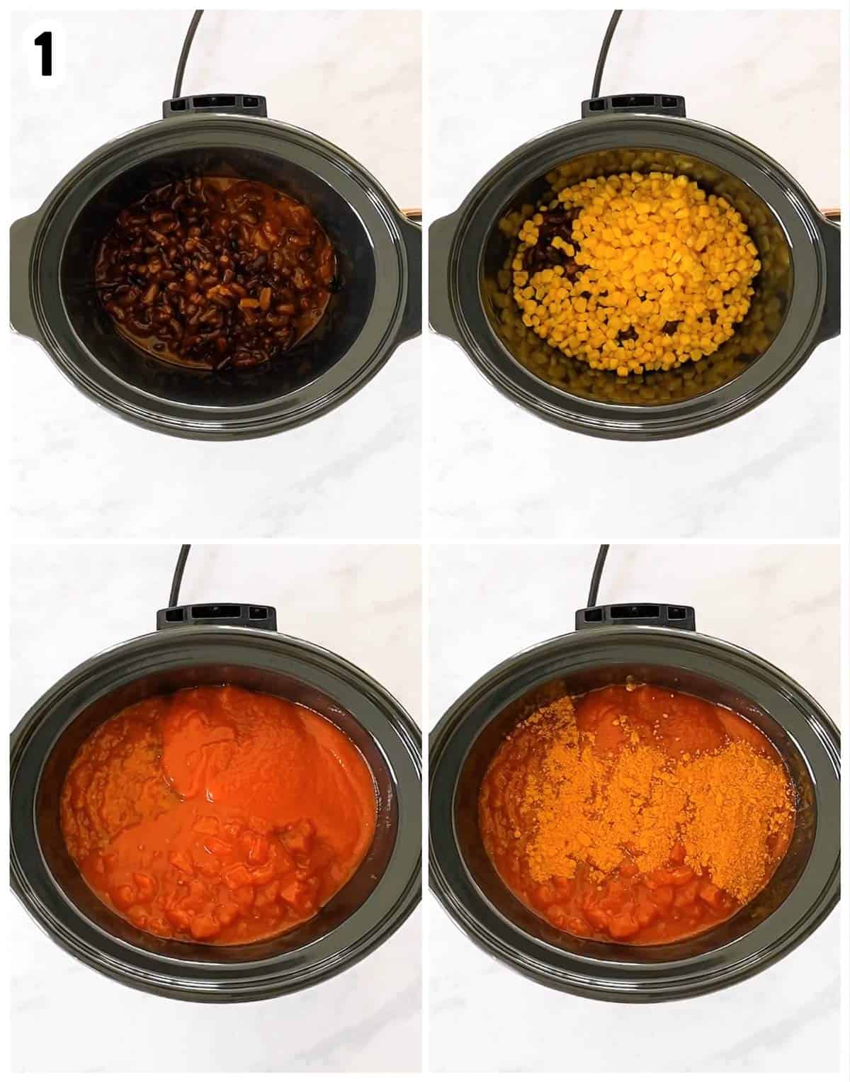 photo collage to show how to place ingredients for soup in slow cooker