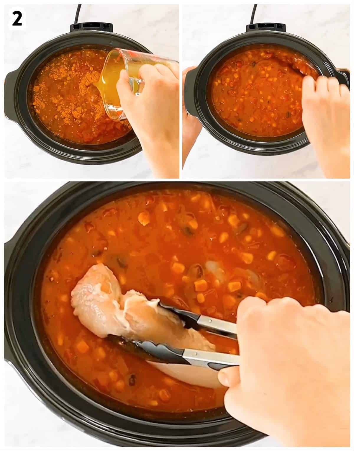 photo collage to show how to combine ingredients for chicken taco soup in slow cooker