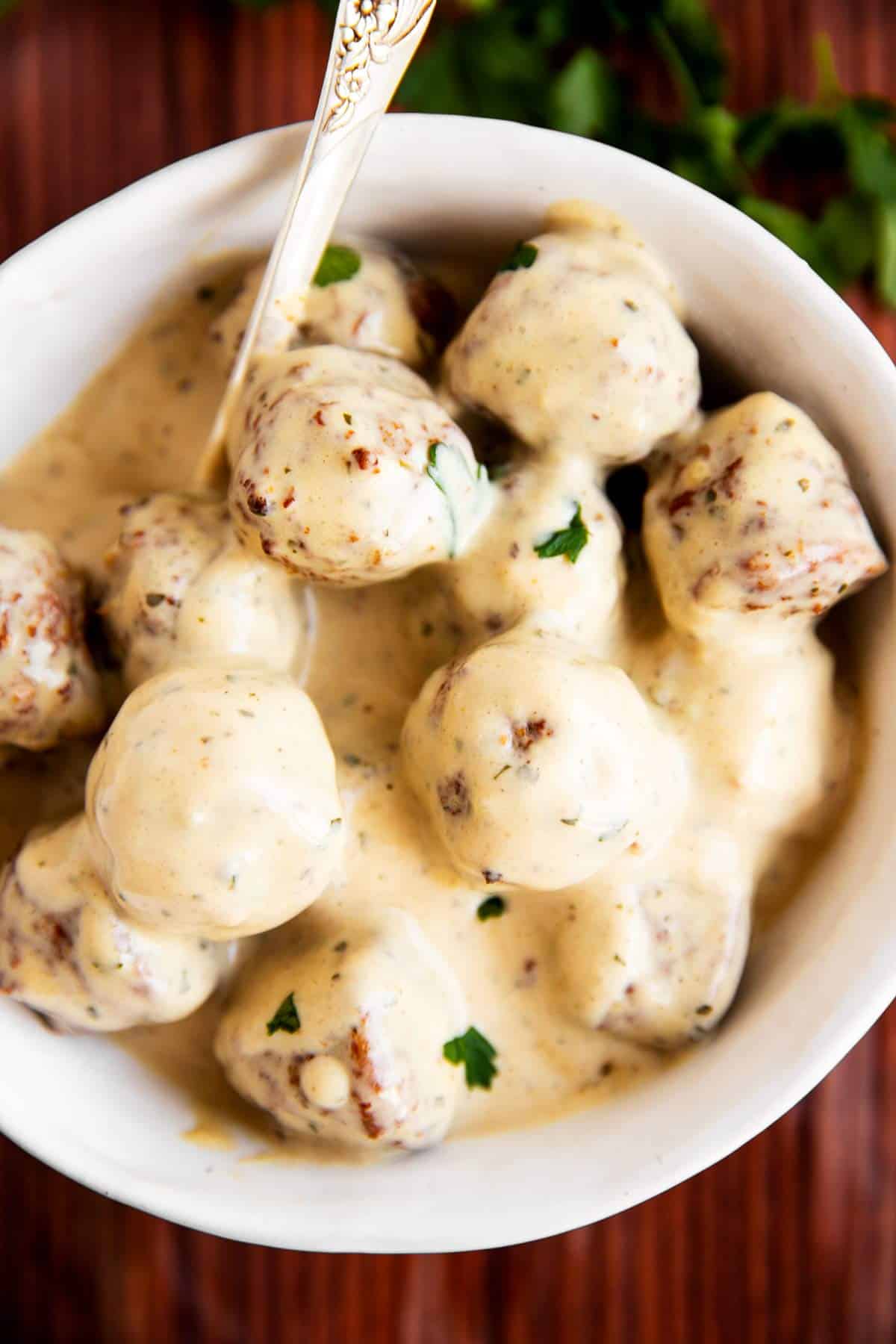 top down view on plate with Swedish meatballs in gravy