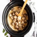 top down view on crockpot filled with Swedish meatballs