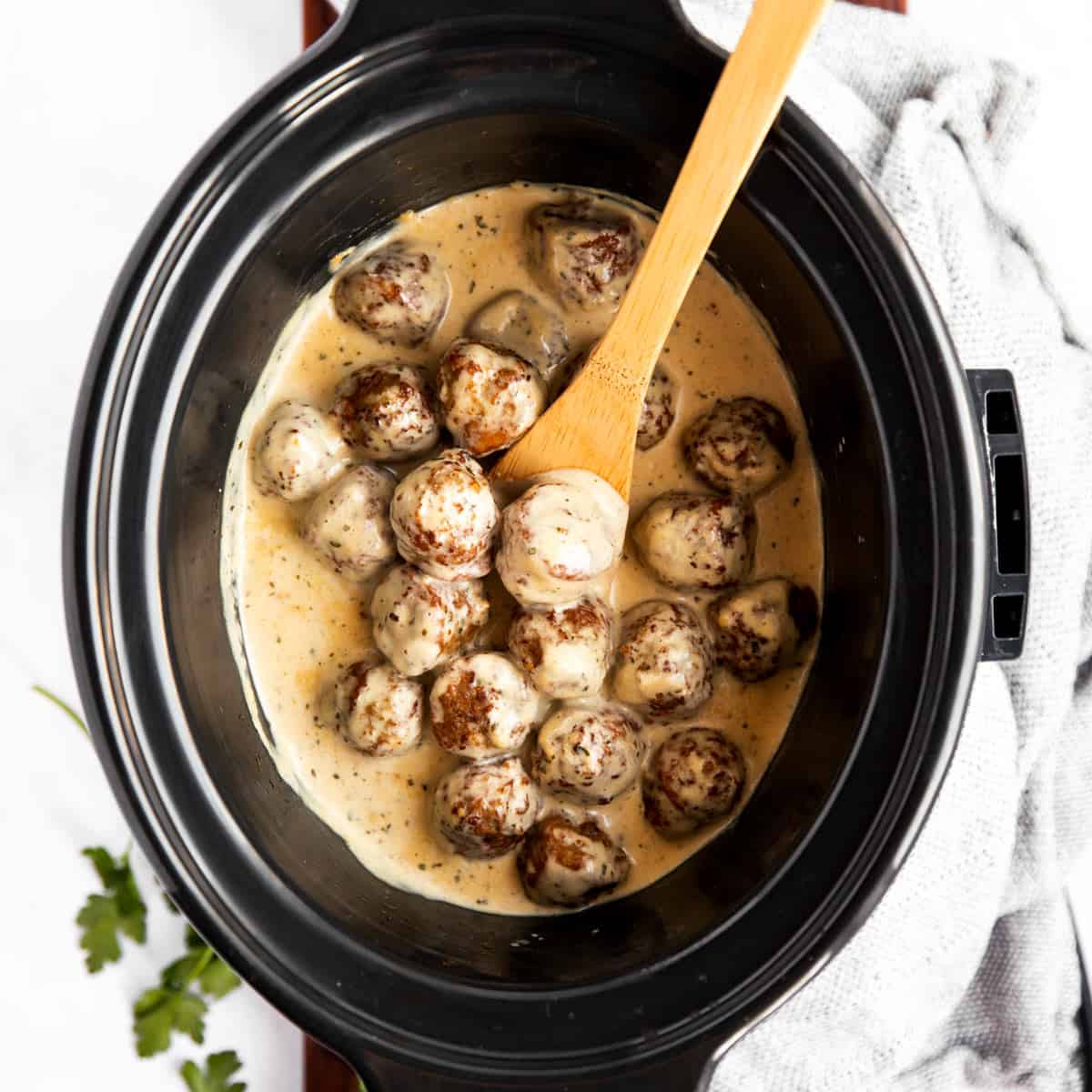 top down view on crockpot filled with Swedish meatballs