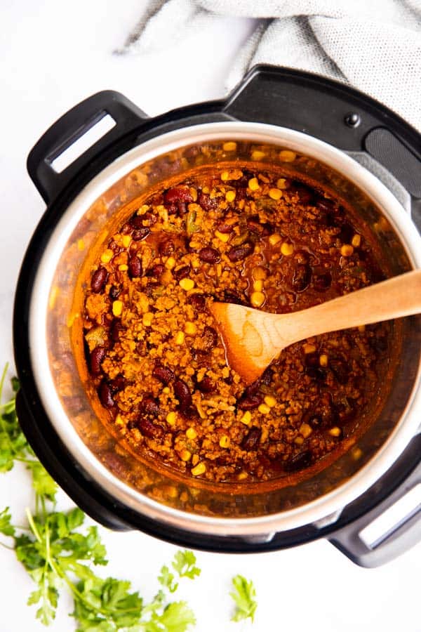 top down view of instant pot filled with chili