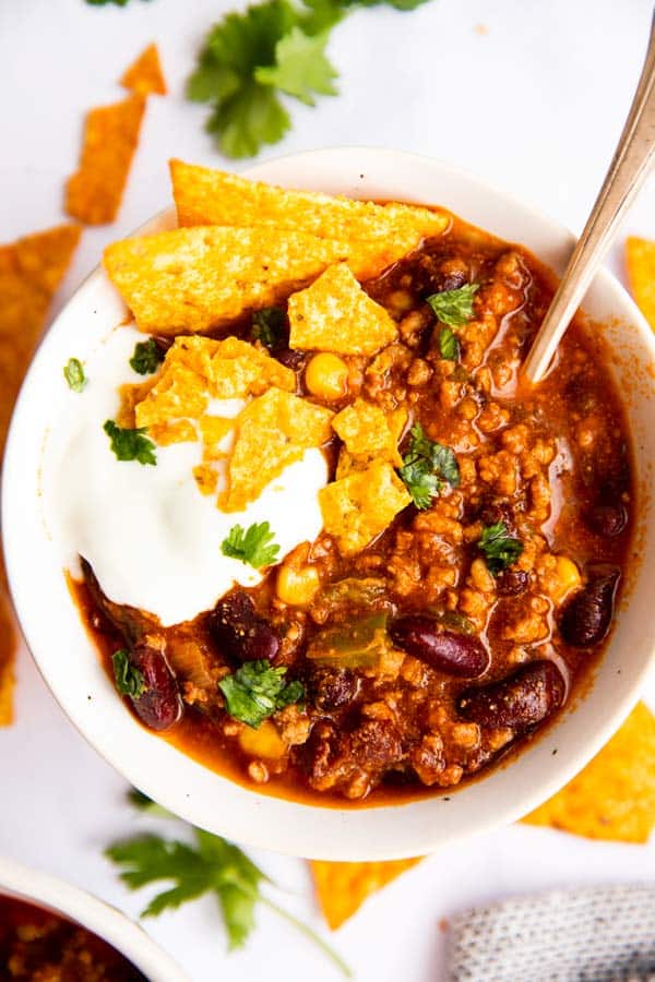 top down view on a bowl of instant pot chili