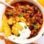 top down view on a bowl of instant pot chili