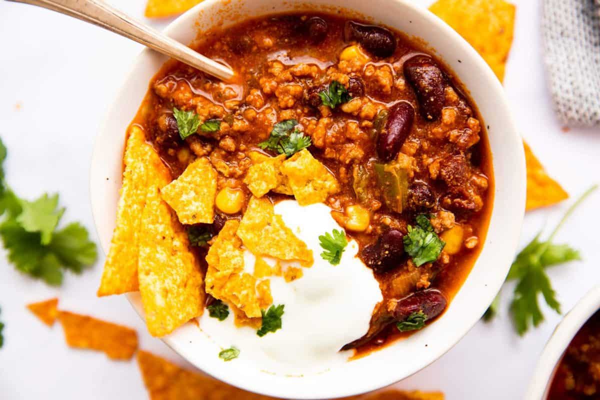 top down view on a bowl of instant pot chili