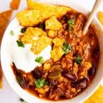 top down view on a bowl of instant pot chili