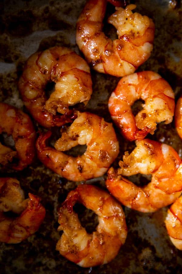 top down view on shrimp fried in a skillet