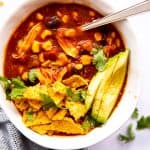 top down view on bowl with chicken taco soup