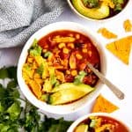 top down view on bowl with chicken taco soup