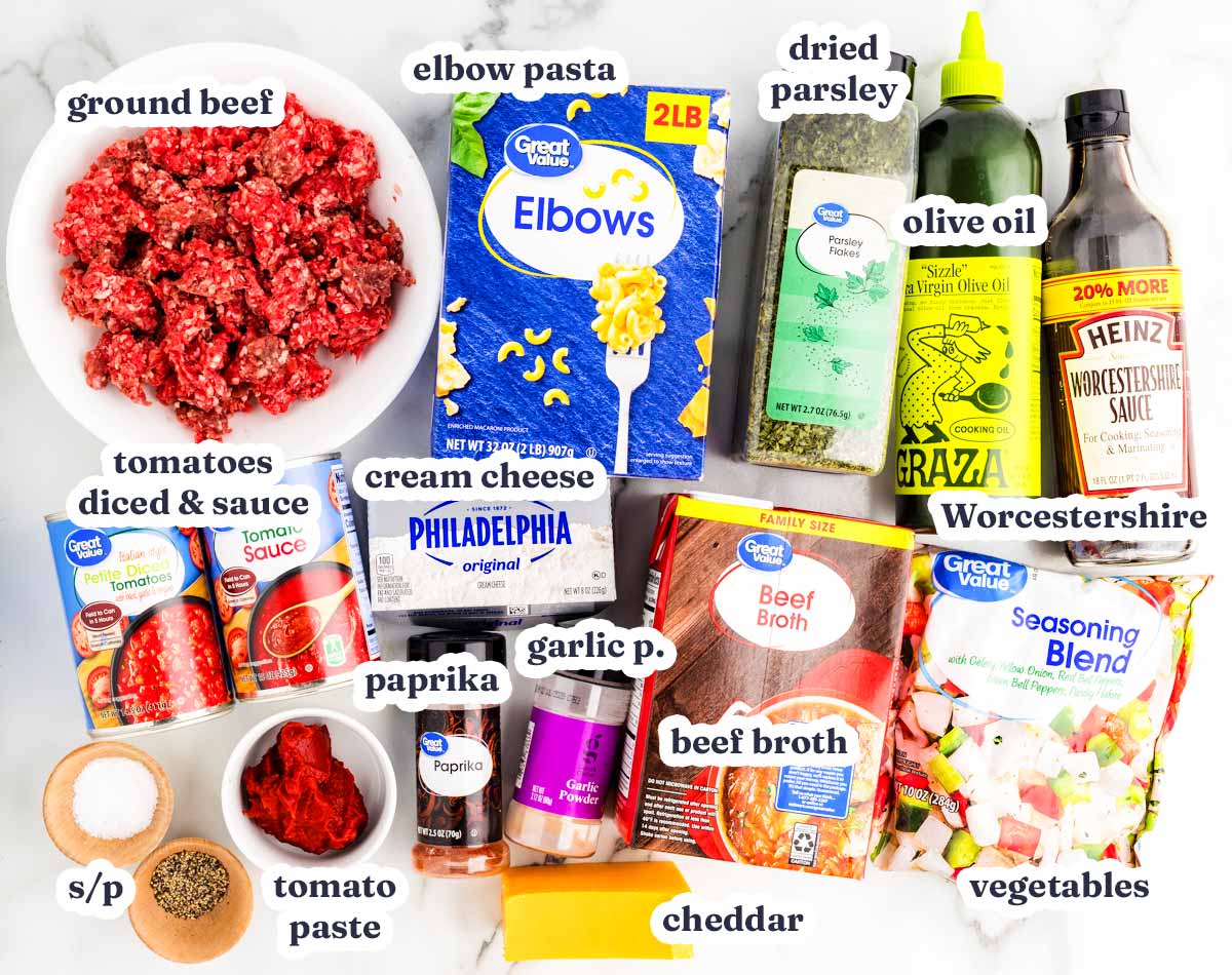 American Goulash recipe ingredients with text labels.