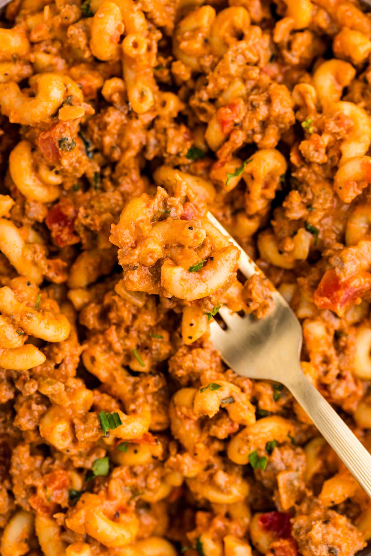 American Goulash with a fork.