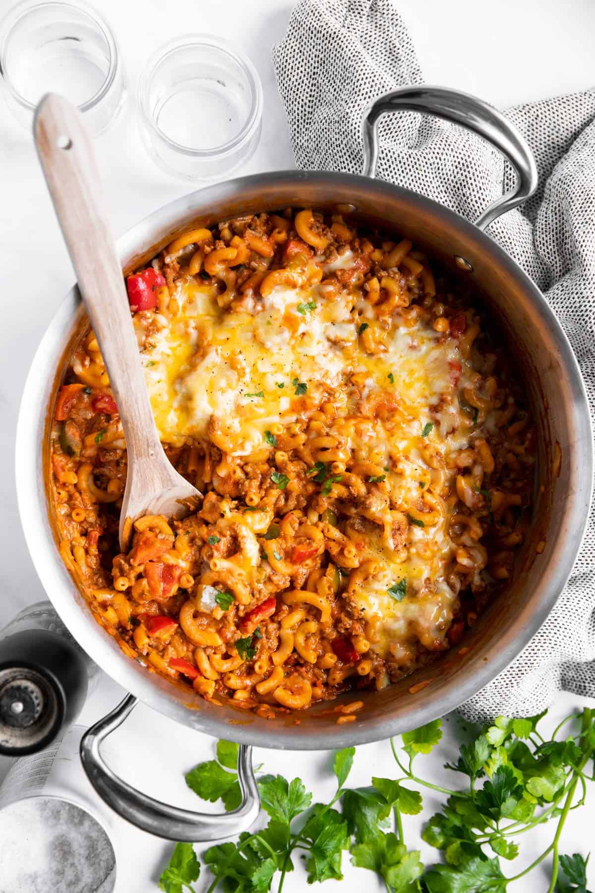 top down view on skillet filled with American goulash