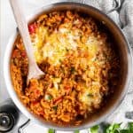 top down view on skillet filled with American goulash