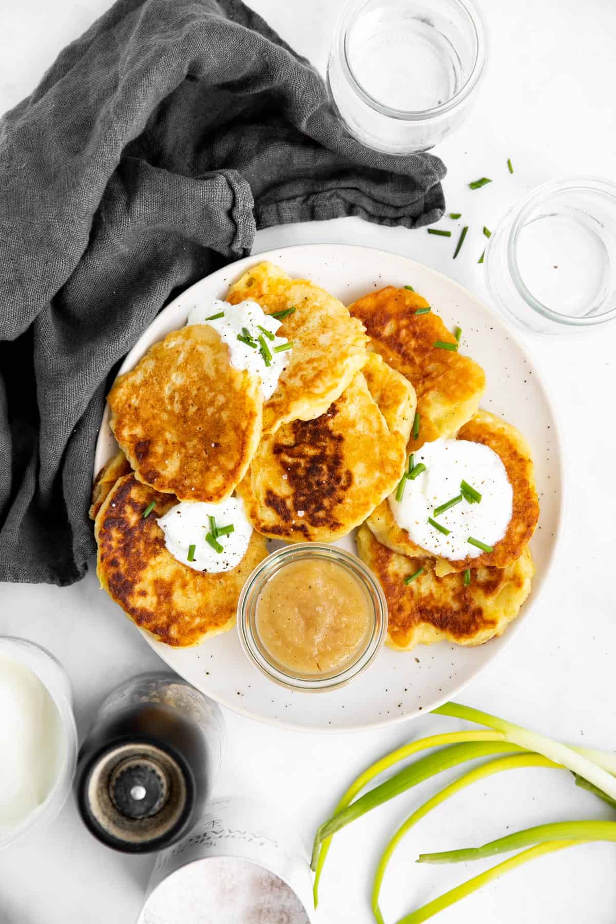 top down view on a plate filled with boxty potato pancakes