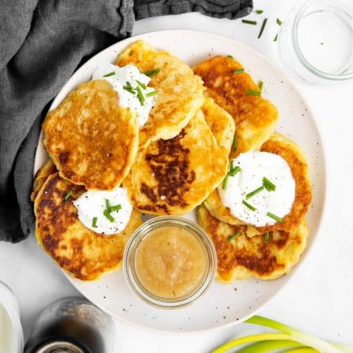 top down view on a plate filled with boxty potato pancakes