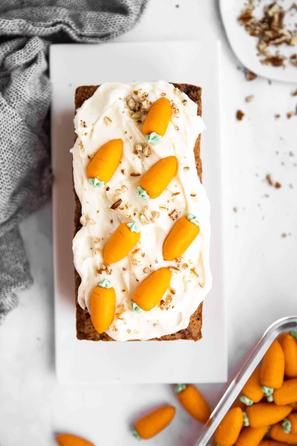 top down view of decorated carrot cake loaf