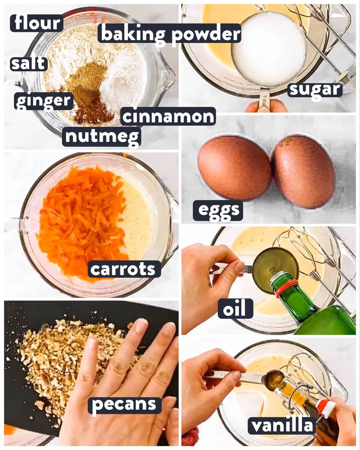 ingredients for carrot cake loaf with text labels