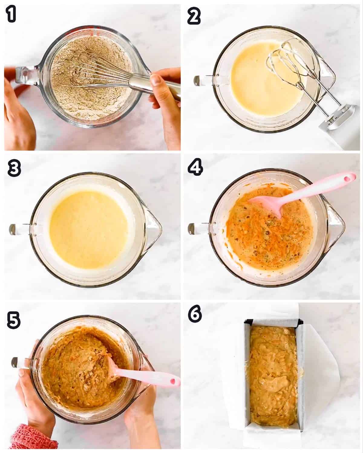 six photo collage to show how to make a carrot cake loaf