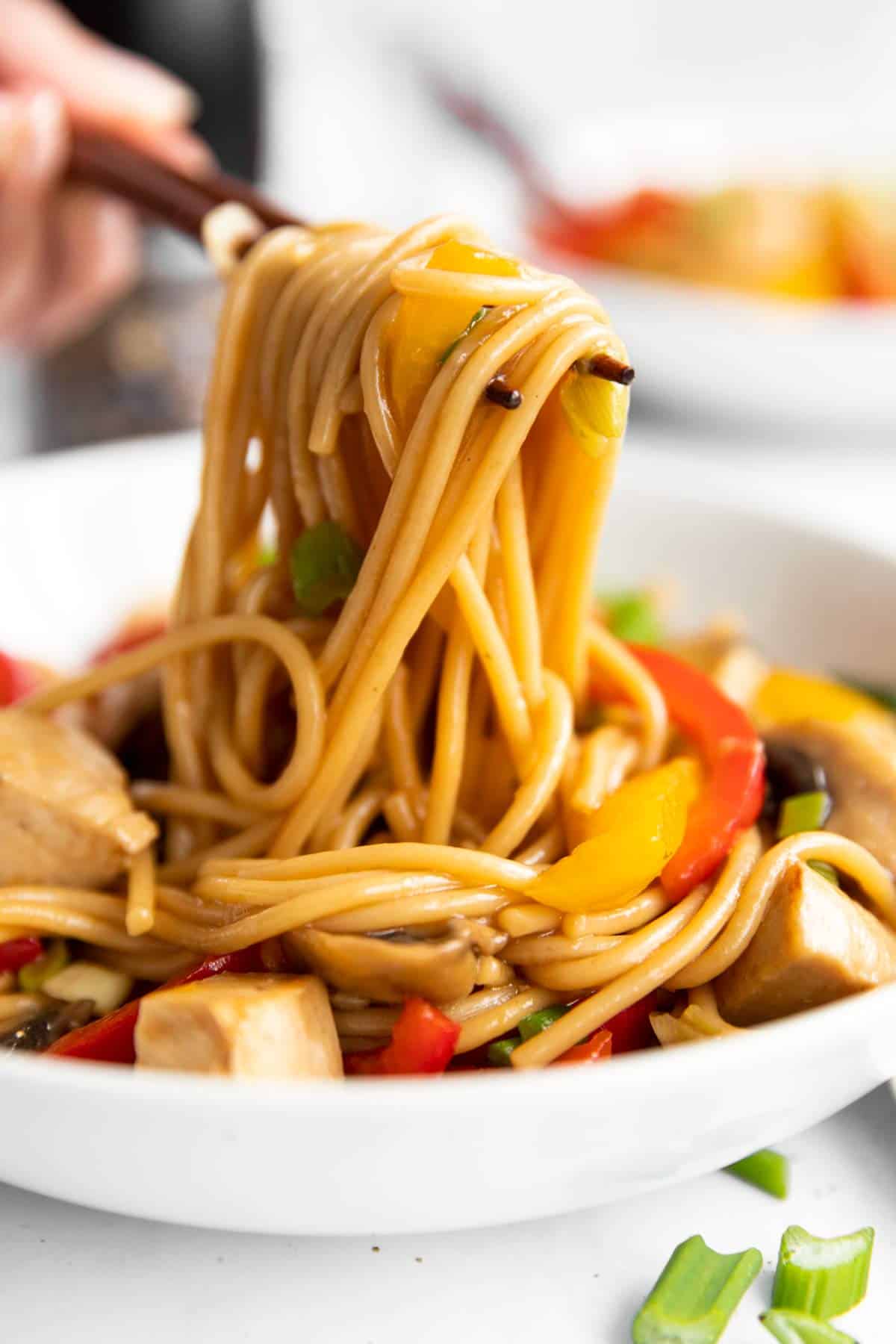 pile of noodles on a pair of chopsticks