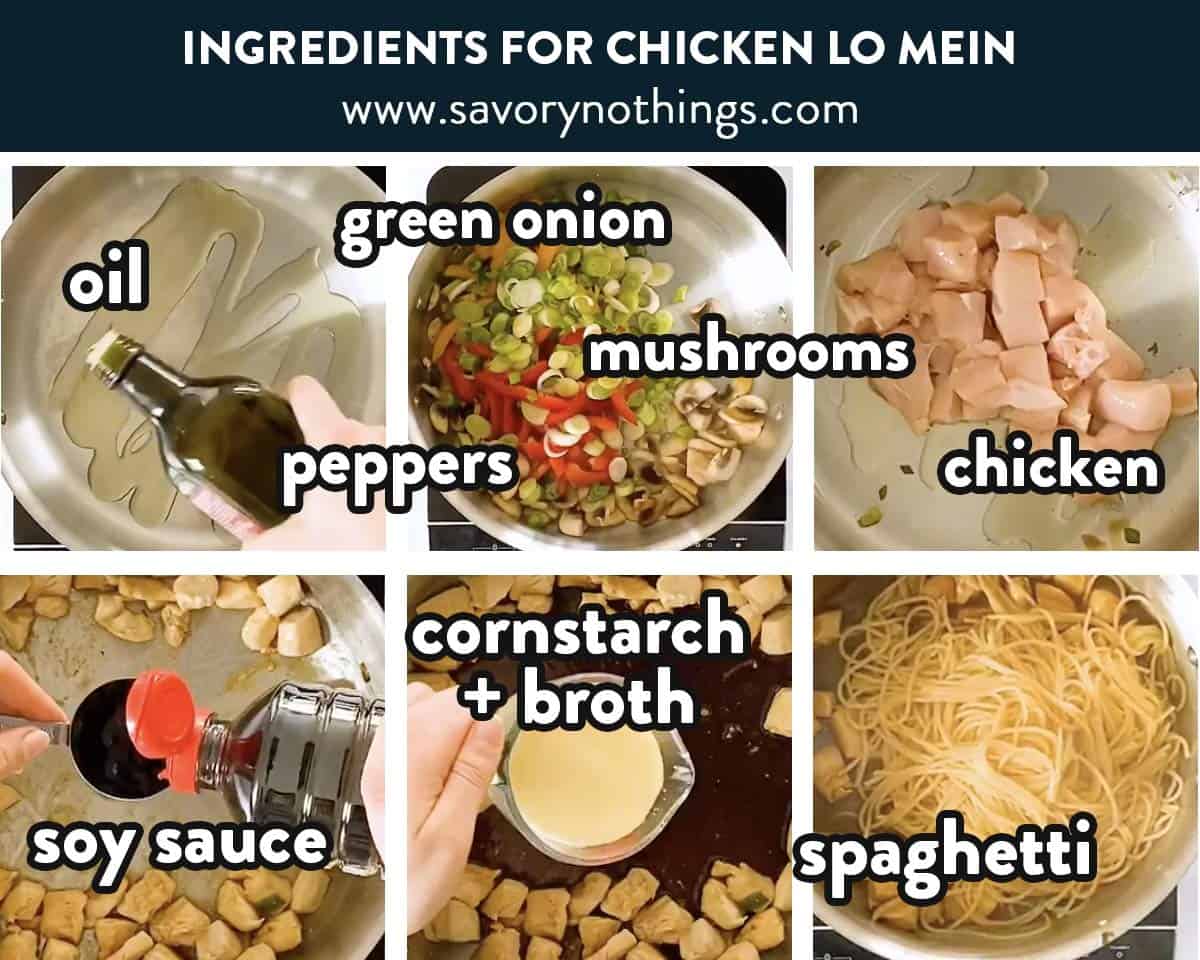 photo collage of chicken lo mein ingredients