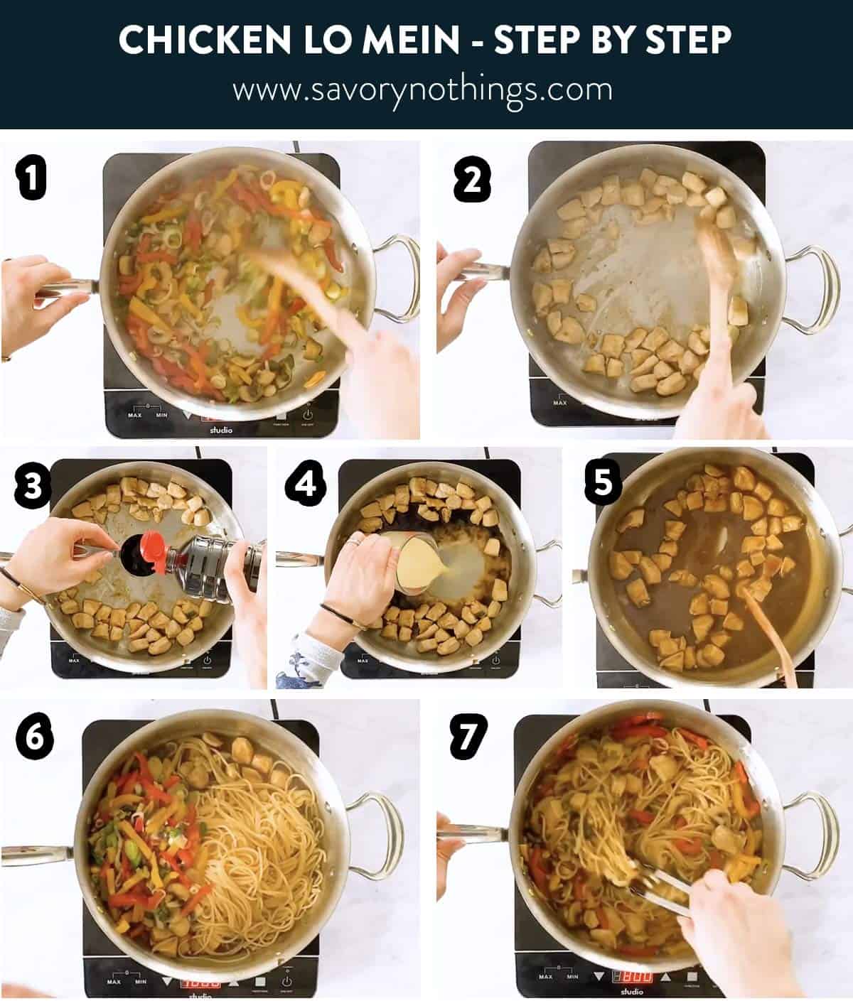 photo collage of chicken lo mein steps