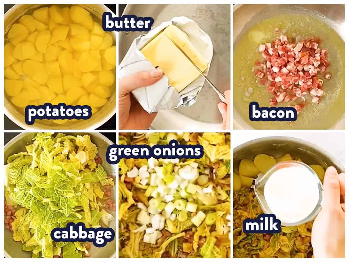 photo collage of ingredients for colcannon with text labels