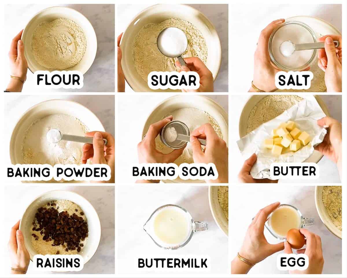 ingredients for Irish soda bread with text labels