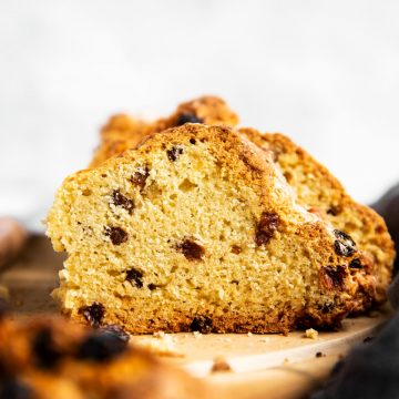 slice of Irish soda bread on a wooden board