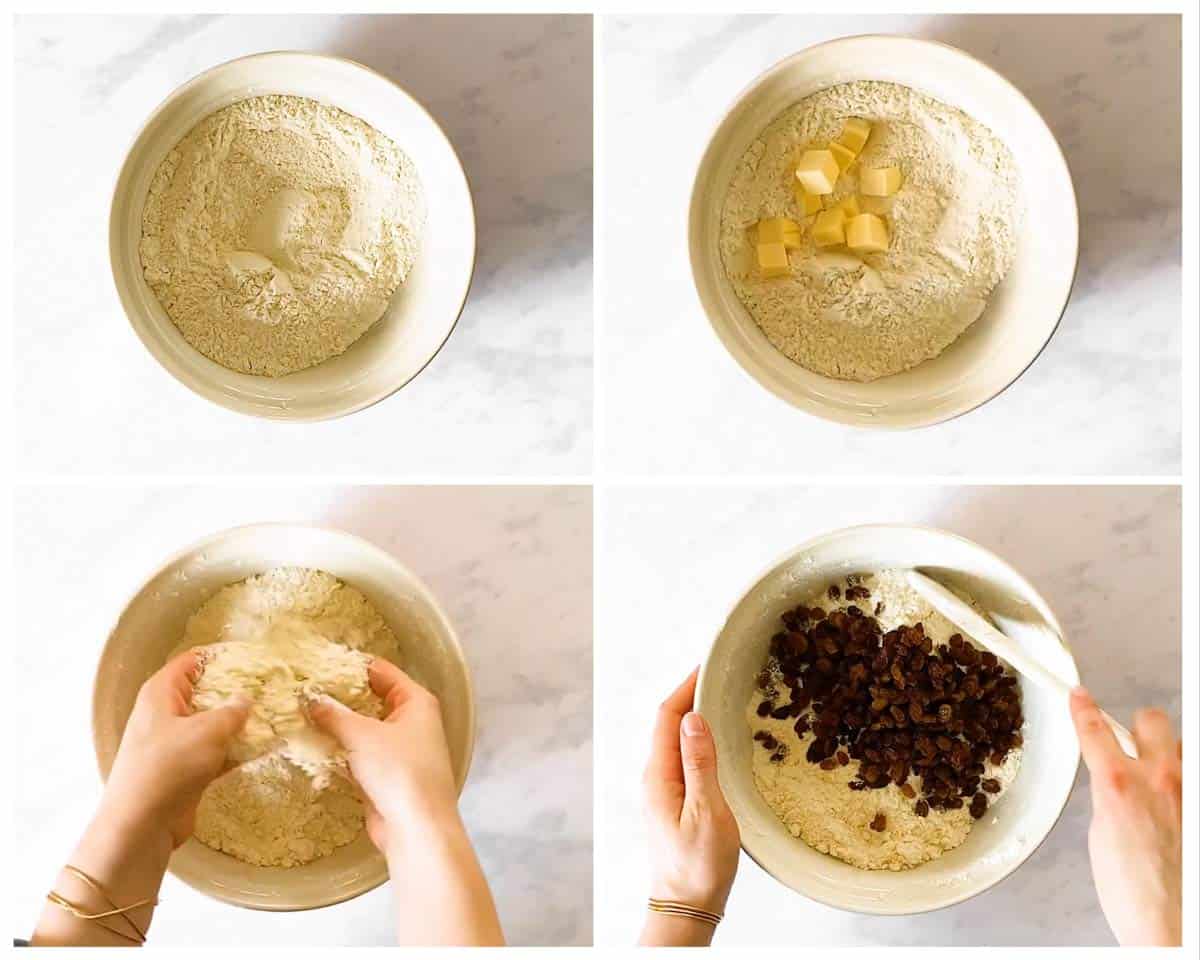 photo collage to show how to combine dry ingredients for soda bread