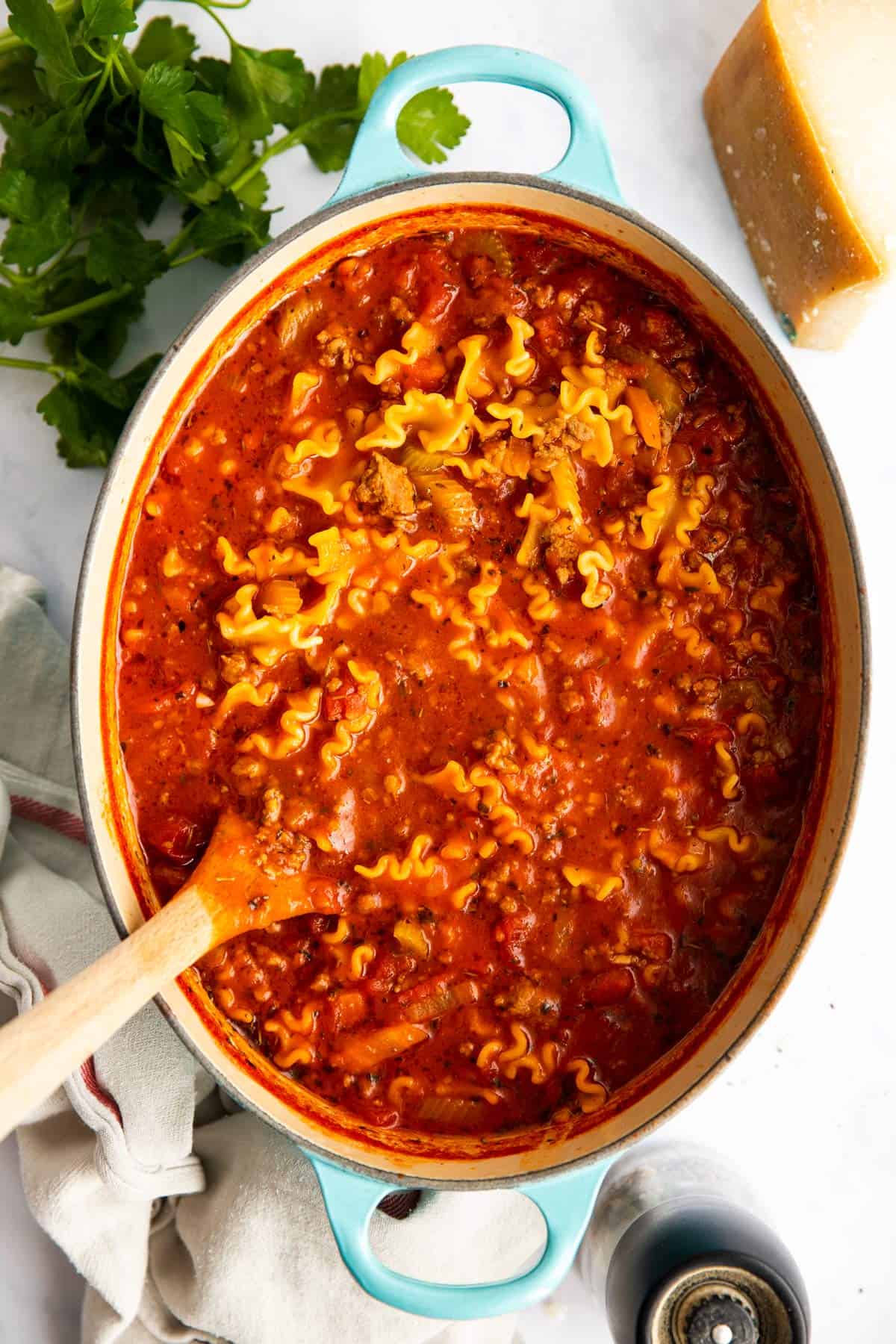 top down view of pot with lasagna soup