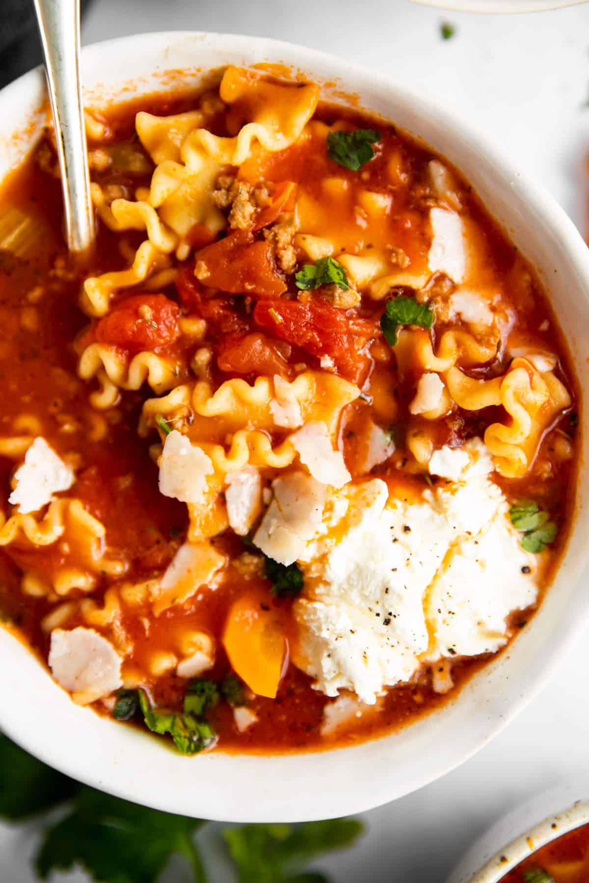 close up photo of bowl with lasagna soup