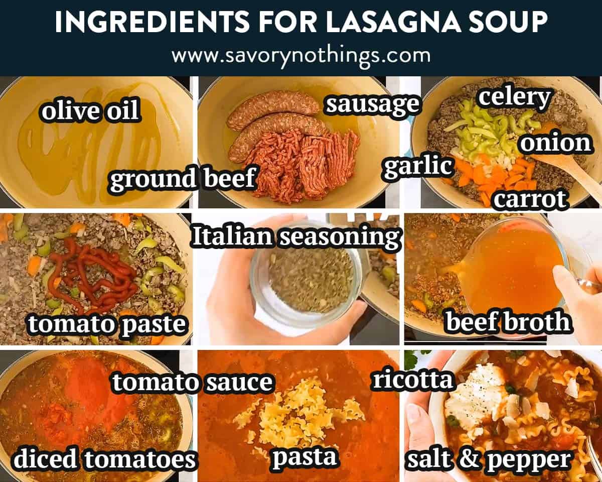 ingredients for lasagna soup with text labels