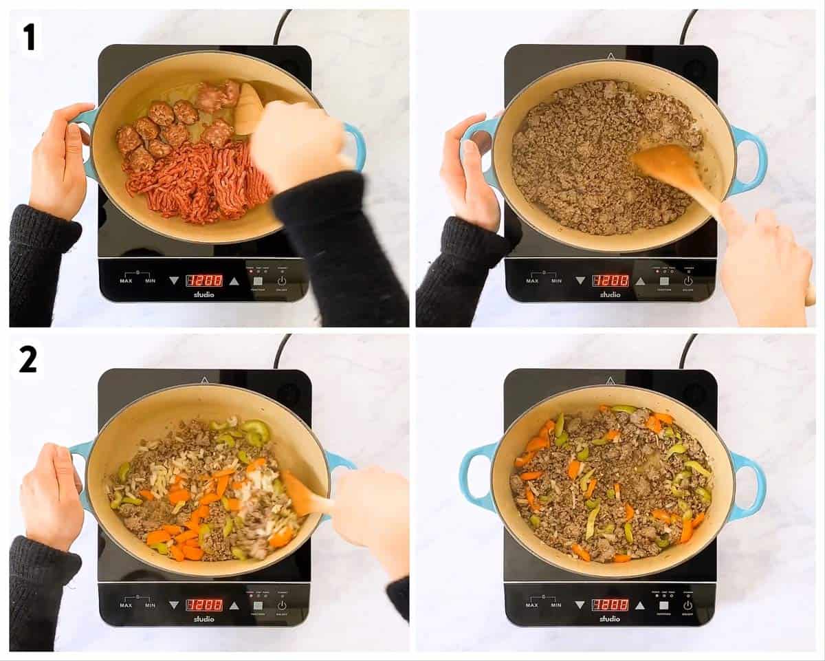 photo collage to show how to cook beef, sausage an vegetables for soup