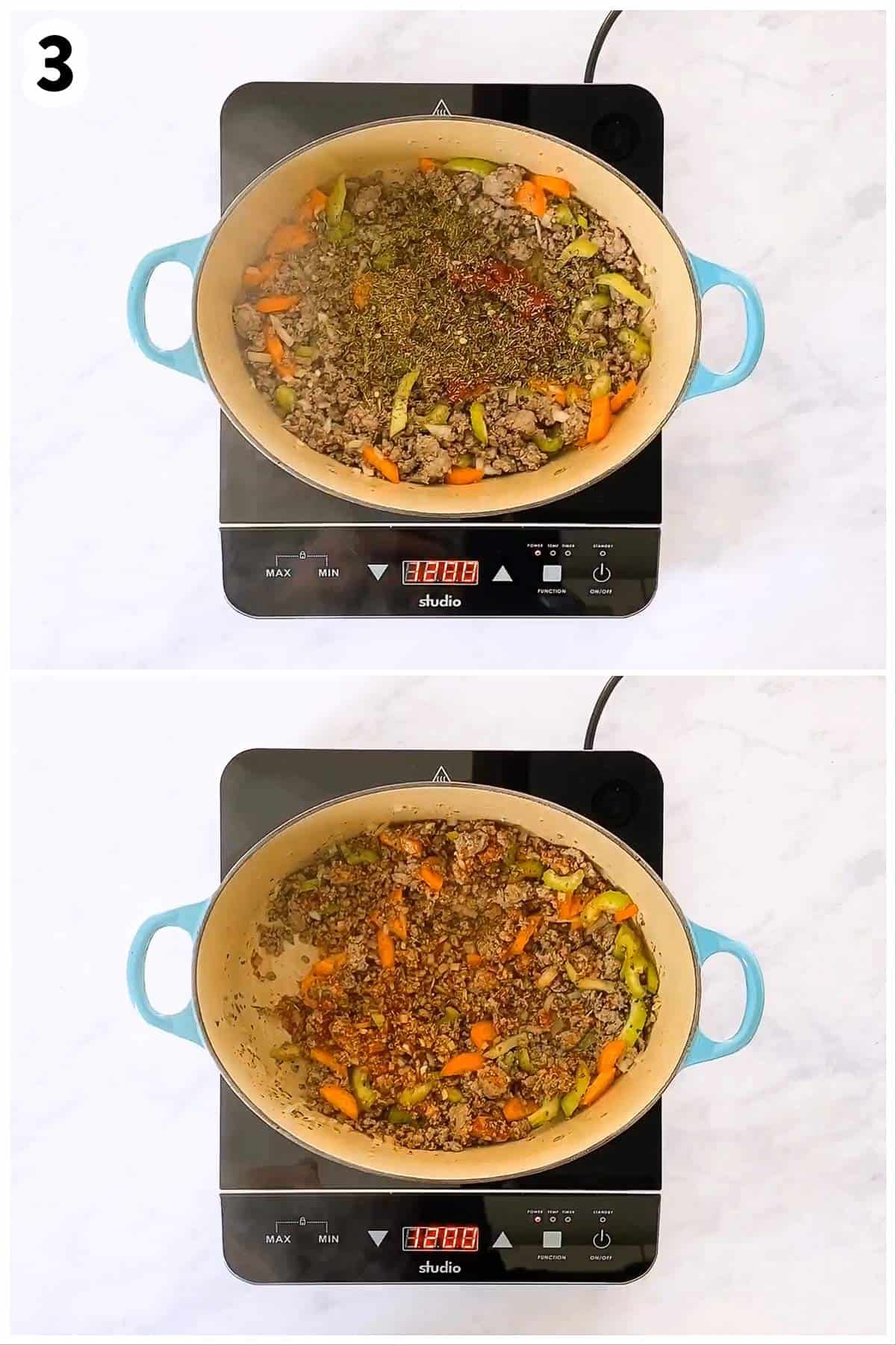 photo collage to show how to stir seasoning into meat and vegetables for soup