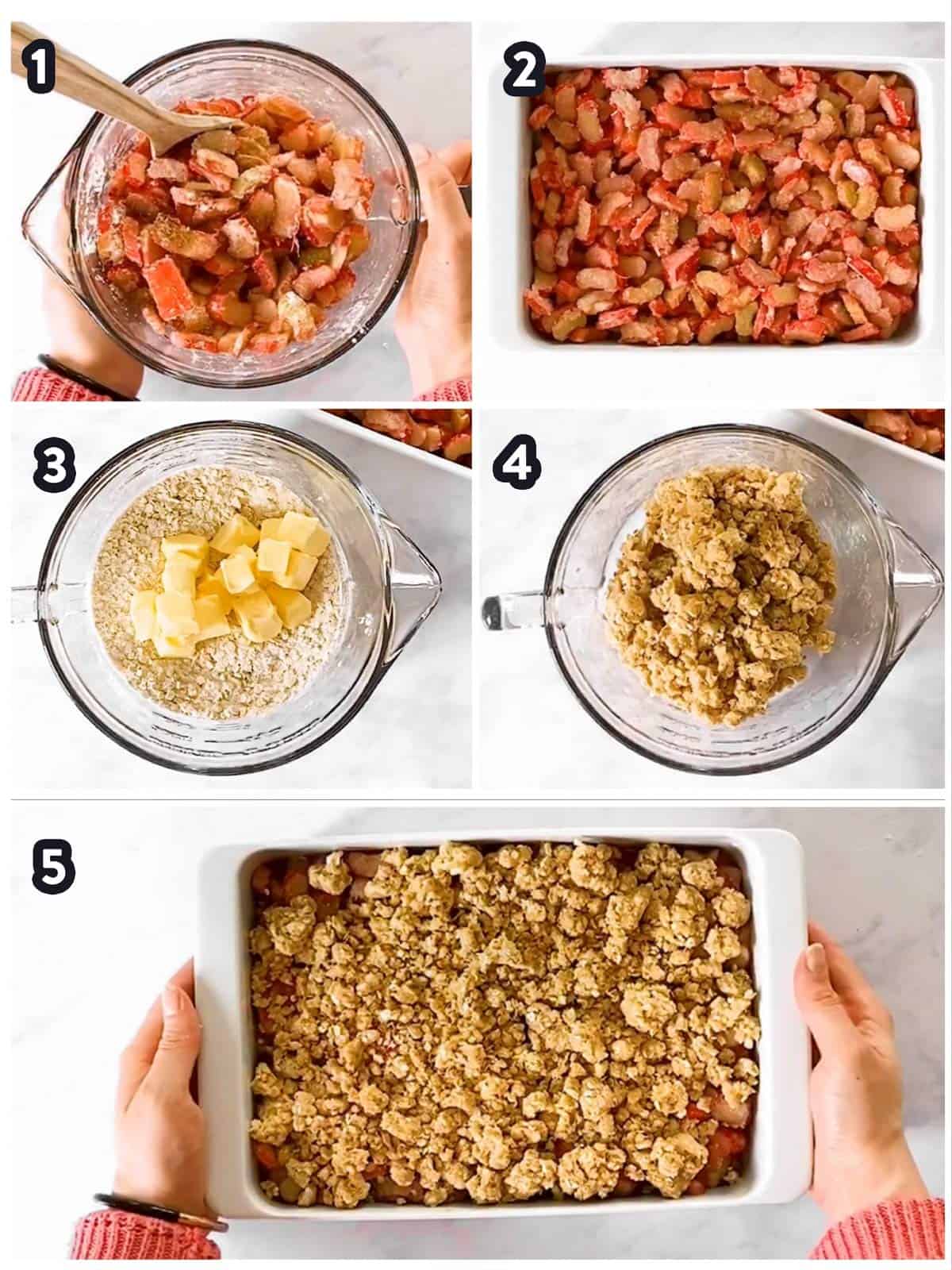 photo collage to show how to make a rhubarb crisp