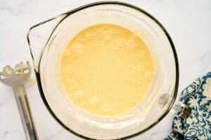 Batter for crêpes in a glass bowl.