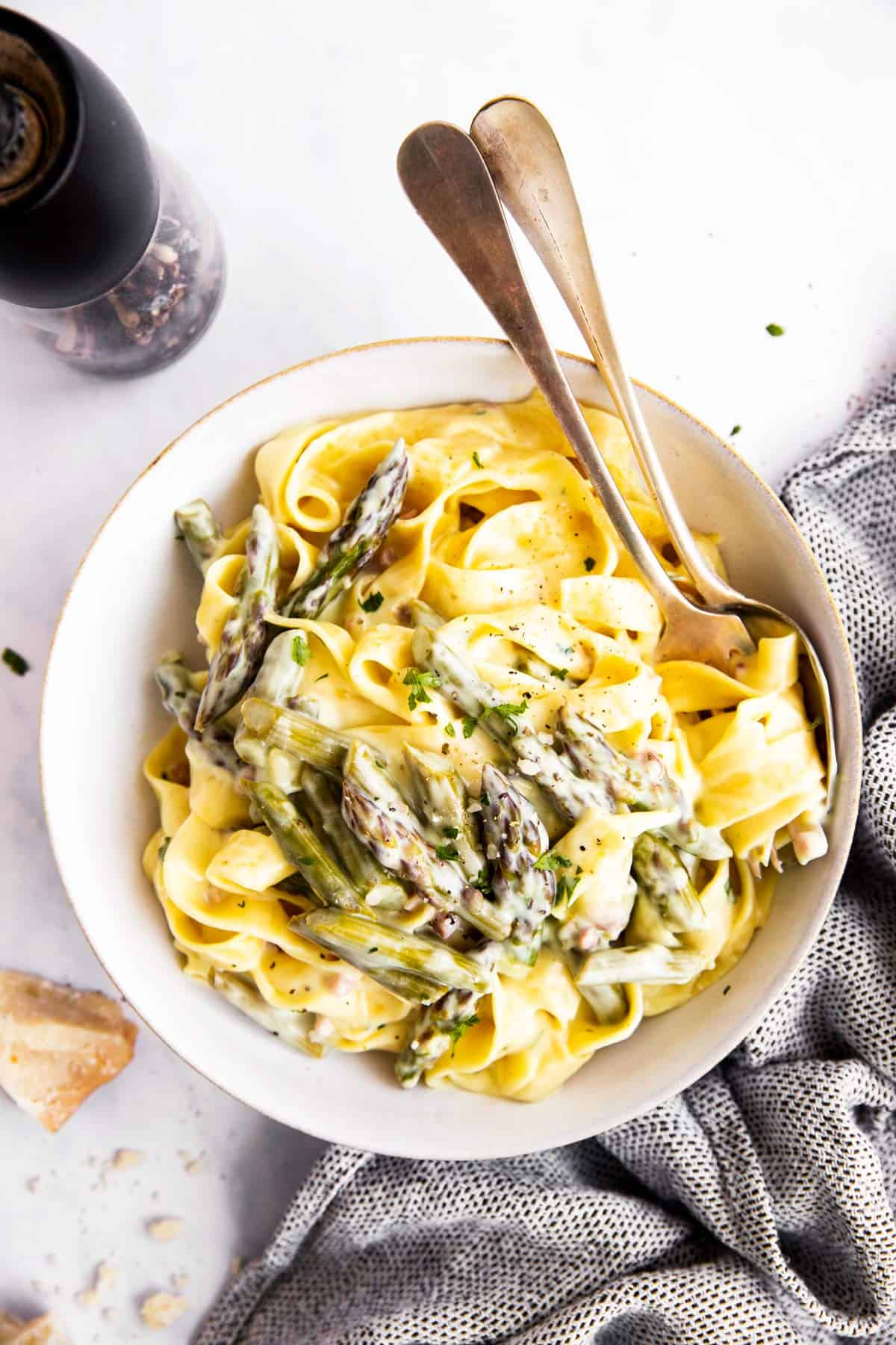 top down view on plate with asparagus pasta