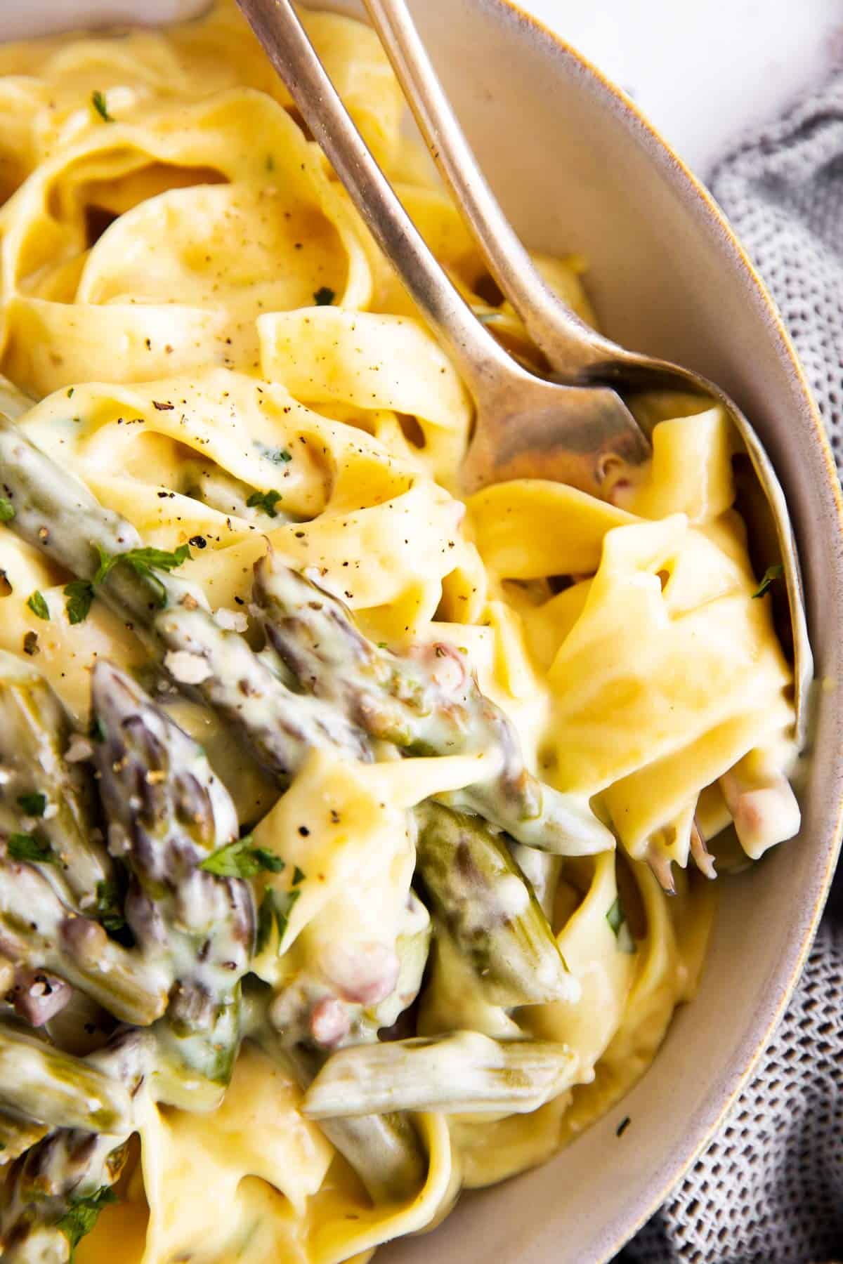 top down view on fork in plate of pasta