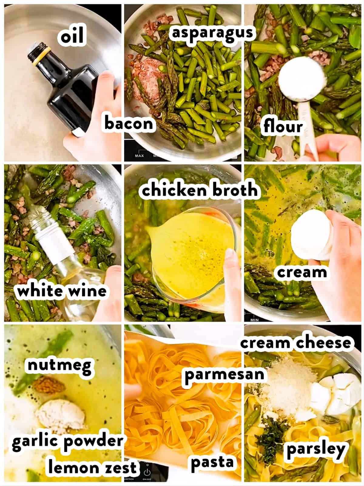 ingredients for asparagus pasta with text labels
