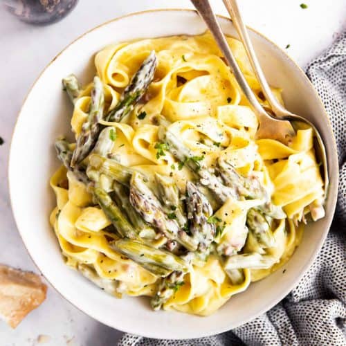 top down view on plate with asparagus pasta