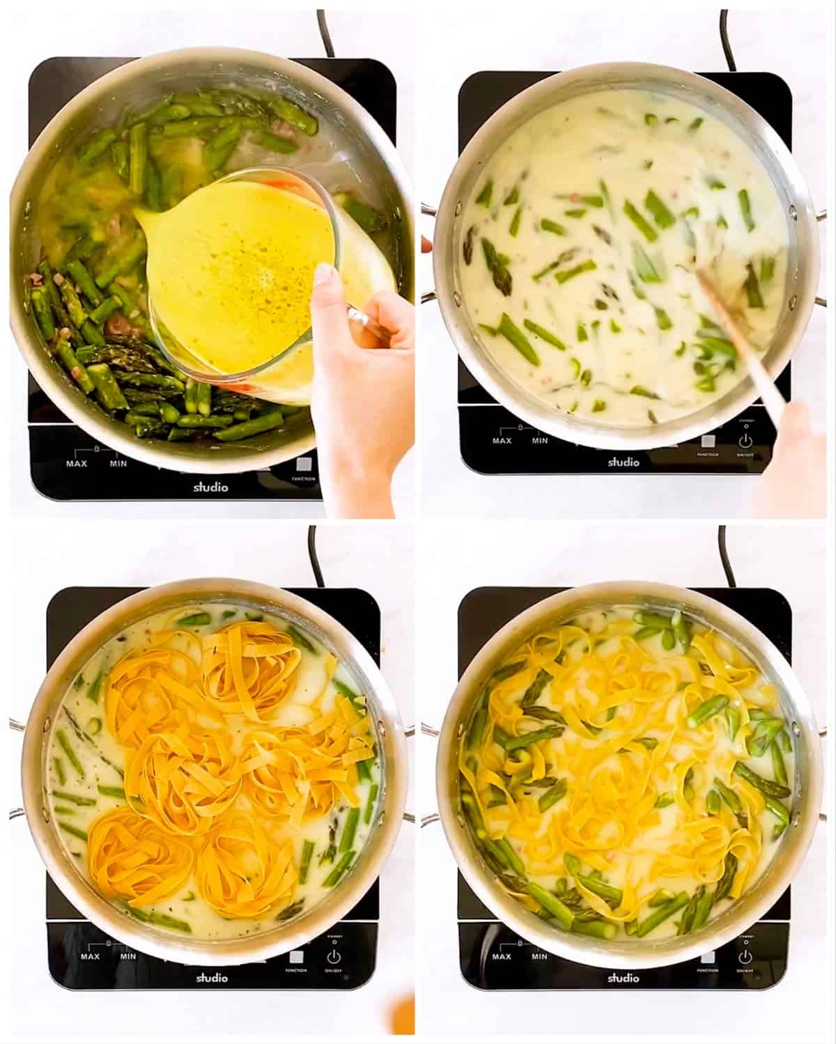 photo collage to show how to cook asparagus pasta