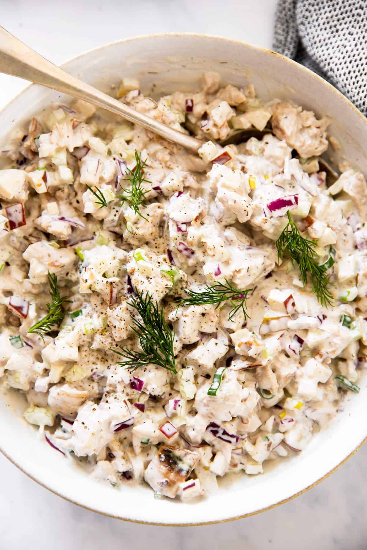 top down view of bowl with chicken salad