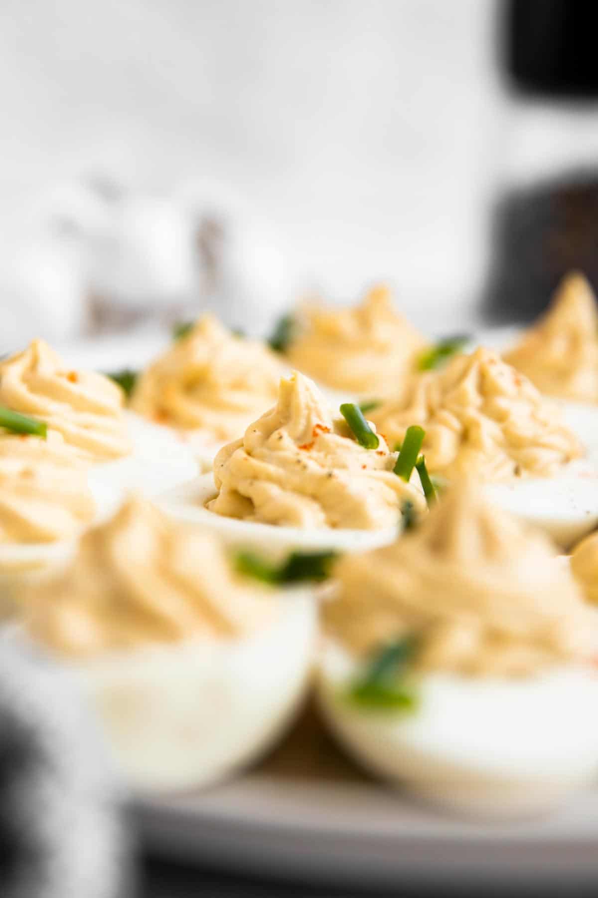 selective focus photo of a plate with deviled eggs