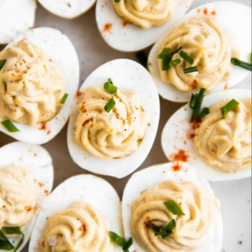 top down close up photo of deviled eggs